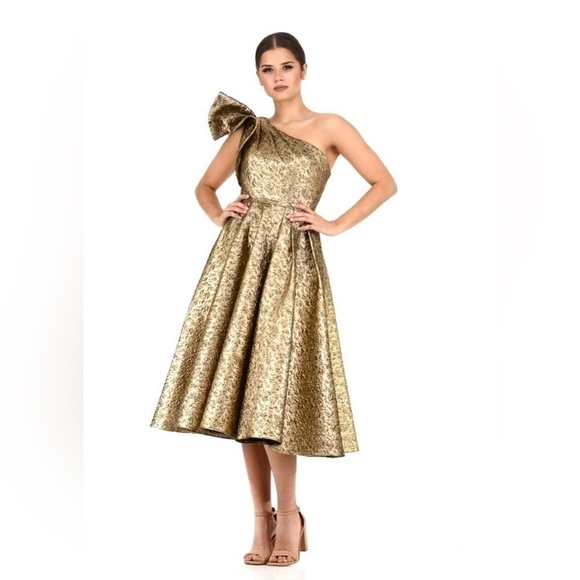 Nwt Mac Duggal One Shoulder Bow Midi Dress in Antique Bronze - Picture 2 of 13